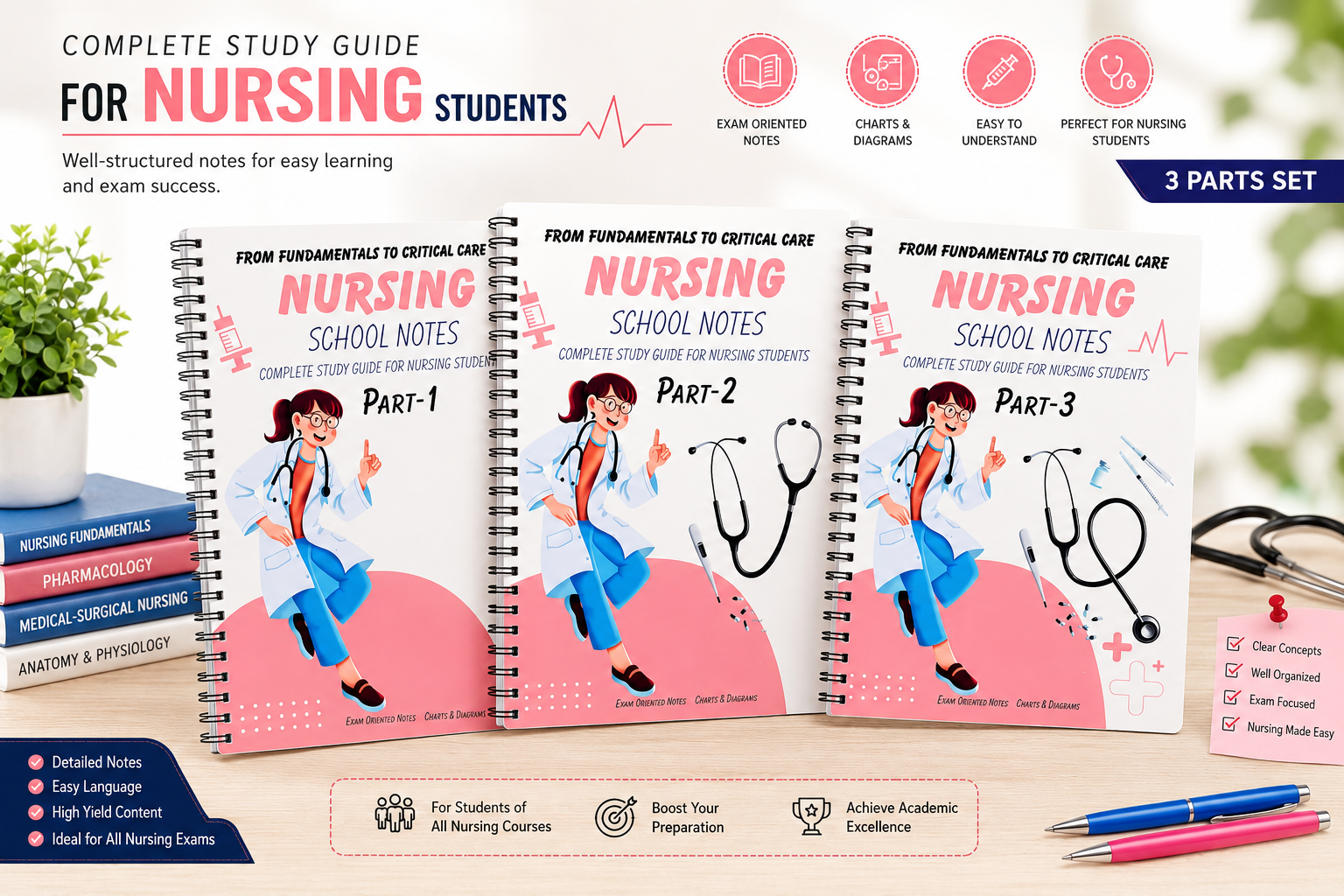 Nursing School Notes Complete Study Guide (3 Parts Set)