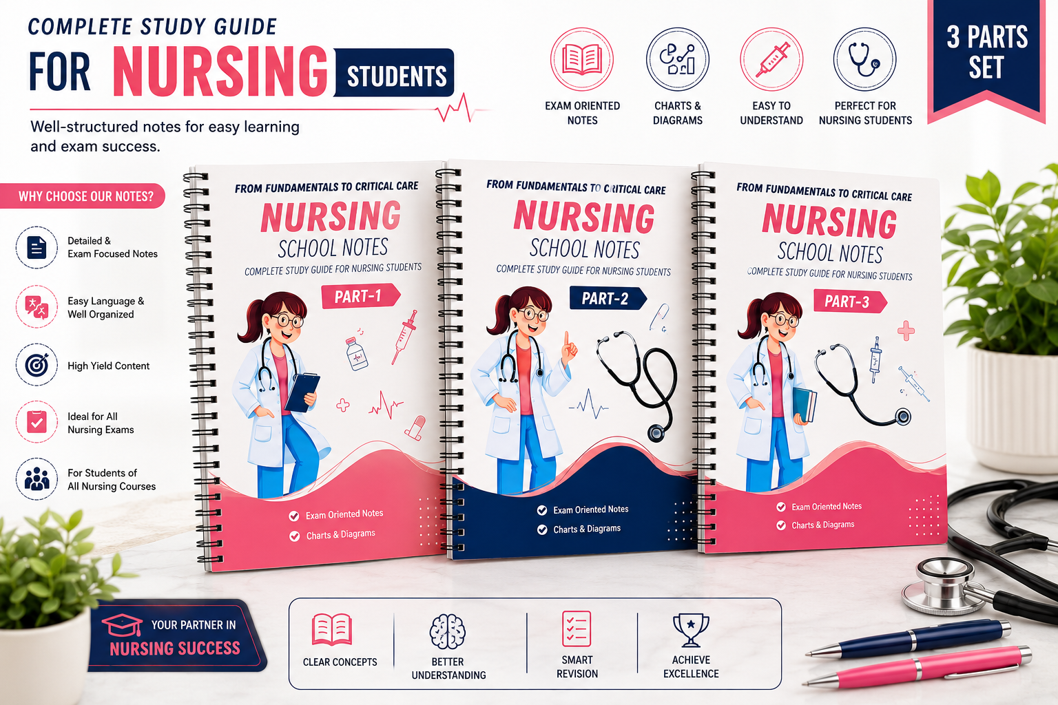 Nursing School Notes Complete Study Guide (3 Parts Set)